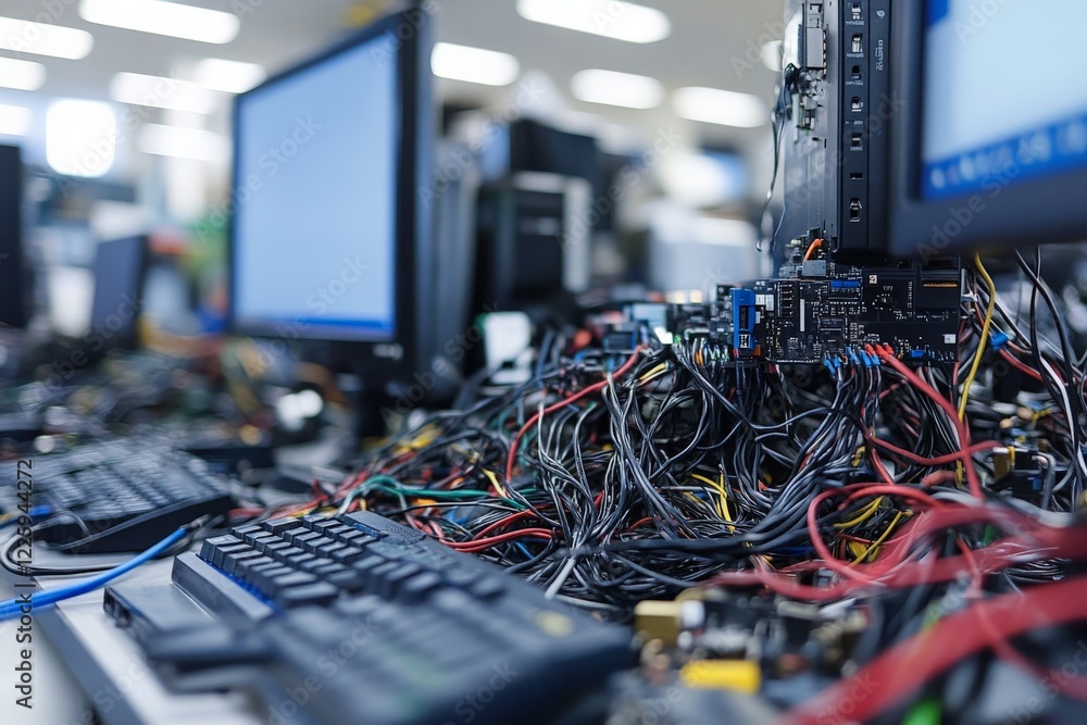 Aufkleber Complex network of tangled wires in a busy electronics workspace showcasing ongoing tech projects
