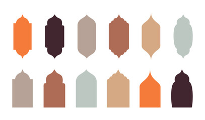 Set of modern Islamic windows and arches with mosque domes, doors, and lanterns. Elegant Arabic and Persian ornamental elements, perfect for Ramadan, Eid Mubarak, and Islamic design projects.