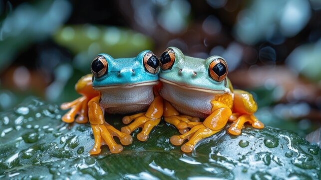 Two vibrant tree frogs sit close together on a leaf