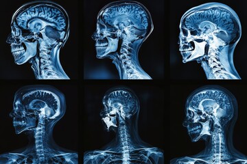Different views of a human skull and brain showcasing detailed anatomical structures and spinal alignment