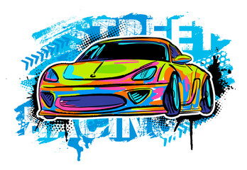 Urban style modern t-shirt  design with sport car. Sport extreme grunge  illustration for guys on white background. Graffiti words and street art
