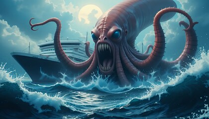 Obraz premium Gigantic Red Kraken Attacking Cruise Ship at Night Under a Full Moon