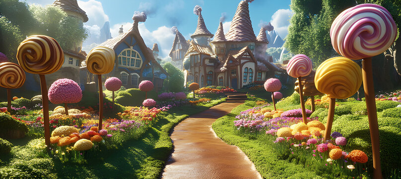 A natural scene filled with the spirit of cartoons such as Alice in Wonderland or Charlie and the Chocolate Factory. A village in the distance has houses made out of gingerbread.