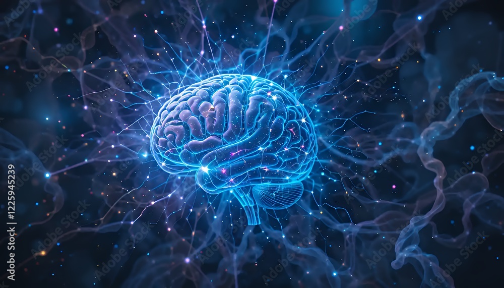 Poster glowing blue digital brain neural network abstract 3d rendering dark background