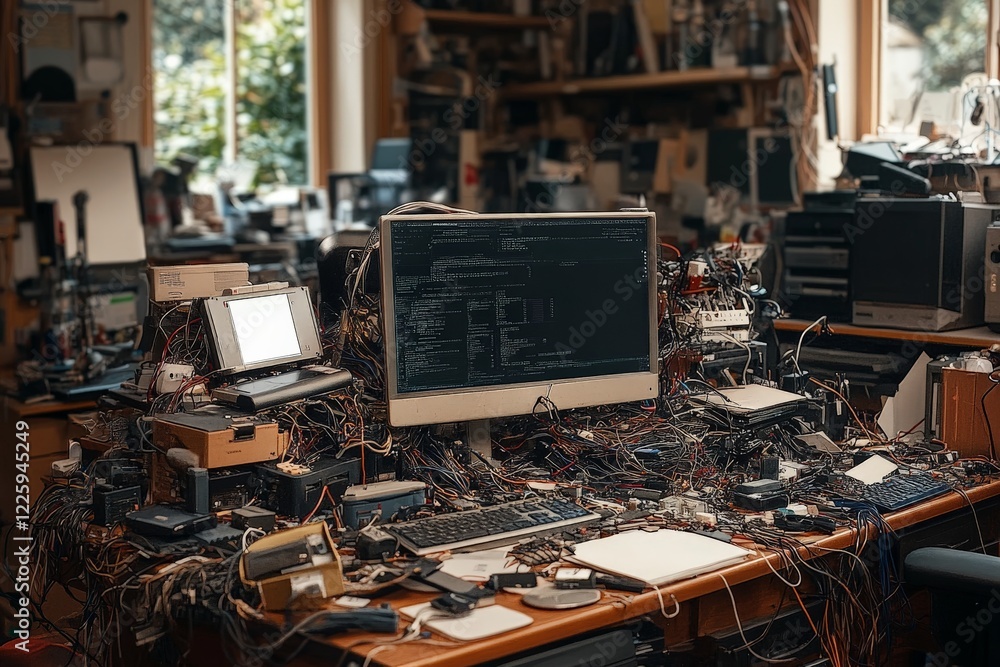 Aufkleber cluttered workspace filled with computers, wires, and electronic components during daytime in a tech
