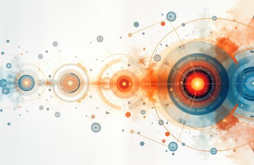 Abstract design features interconnected circles, lines. Colorful circles, lines create network design on white background. Vivid colors, geometric shapes showcase modern digital pattern. Dynamic