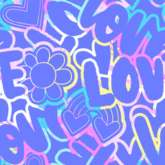 Abstract seamless chaotic pattern with word "love, flower, rainbow. Bright vector background. Cute Wallpaper for girls.
