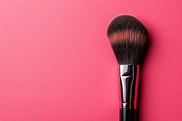 Professional makeup brush with soft bristles and pink blush powder on a vibrant pink background, representing beauty, cosmetics, elegance, and modern makeup artistry with space for text