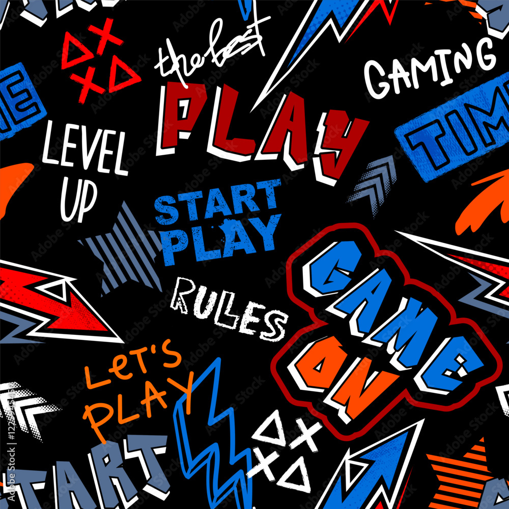 Poster seamless abstract pattern with joystick game and graffiti words. bright colorful vector print for bo