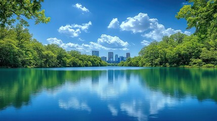 Obraz premium Serene Lake and City Skyline Reflection