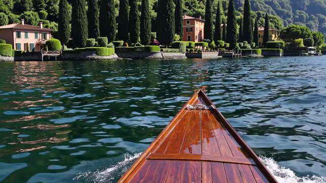 Picturesque villas and lush greenery line the shores of Lake Como as a traditional wooden boat gracefully glides through the water, creating gentle ripples