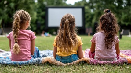 Fototapeta premium Girls watch outdoor movie on summer evening
