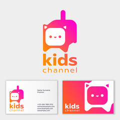 Kids channel logo, children TV icon. TV compiled with funny kawaii cat. Business card. 