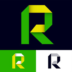 R letter in origamy style. R monogram consist of green-yellow paper strips.