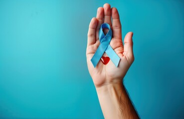 Man holds awareness ribbon blue with red blood drop. Support World Diabetes Day on November 14. Health care concept. Isolated on blue background. Focus on hand, ribbon symbol. Image for diabetes