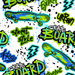 Grunge illustration with skateboard,  joystick game and graffiti words on white background  for boys. Fashion urban style. Boys slogan. Cool typography art design vector © artlavi_design