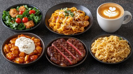 Delicious meal pasta, steak, salad, noodles, and coffee