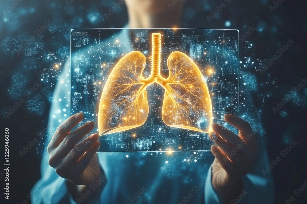 Aufkleber Digital representation of lungs held by a person in a futuristic setting with glowing effects and data elements