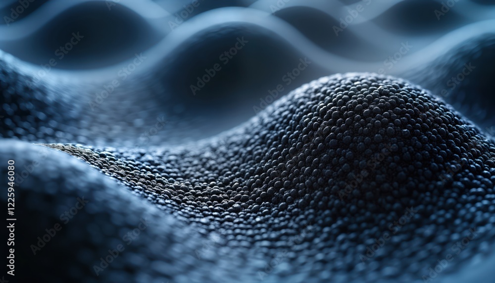 Poster Abstract futuristic metallic wave pattern. 3D render shows hexagonal mesh structure. Wave-like form appears as network. Design suggests nano-tech, molecular structure, advanced material. Image