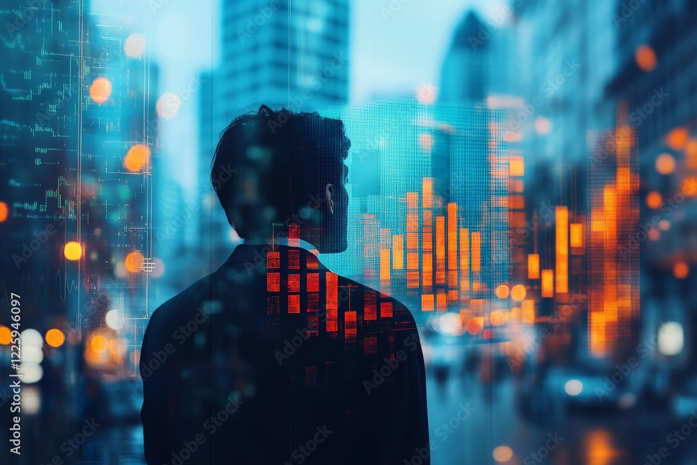 Poster cityscape with a business professional analyzing data trends in an urban setting during evening hour