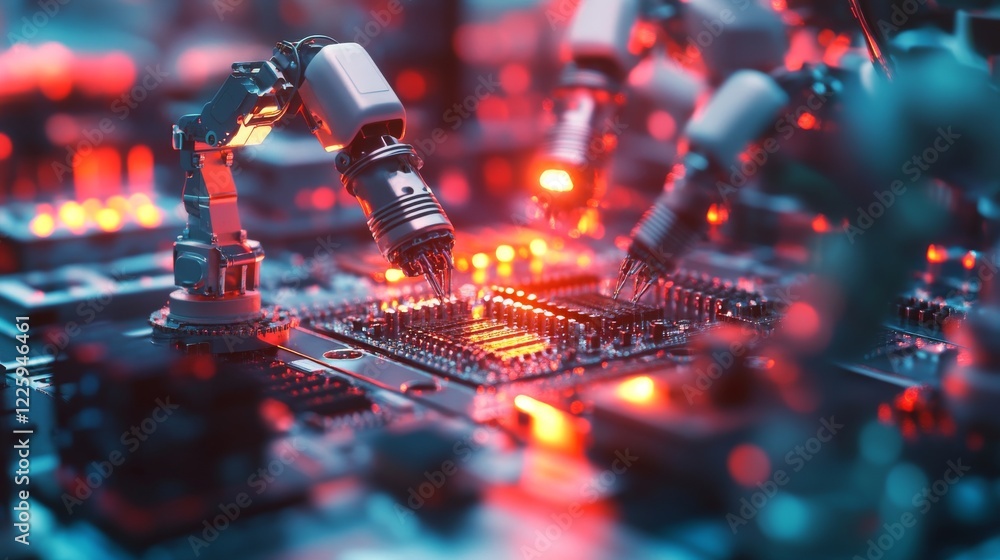 Poster close-up of silicon die are being extracted from semiconductor wafer and attached to substrate by pi