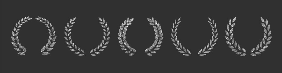 Vector silver laurel wreath set. Silver laurels branches with abstract glitter shiny pattern texture. Trophy crest. Winner award emblem