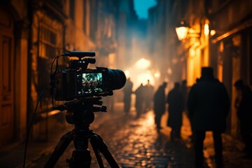 Fototapeta premium Camera capturing moments in a narrow street at dusk with mysterious figures in the background