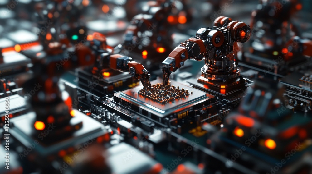 Poster close-up of silicon die are being extracted from semiconductor wafer and attached to substrate by pi