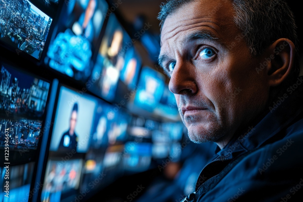 Aufkleber man monitors multiple screens in high-tech control room during evening hours