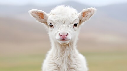 Fototapeta premium Adorable White Lamb Close Up Portrait in Field