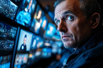 Man monitors multiple screens in high-tech control room during evening hours