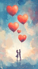 Loving Couple Holding Hands, Heart Balloons, Romantic Sky, Valentine's Day