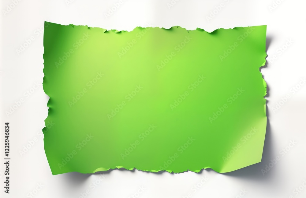 Poster blank vivid green paper sheet rips from white background. torn edges show texture, shape of paper. s