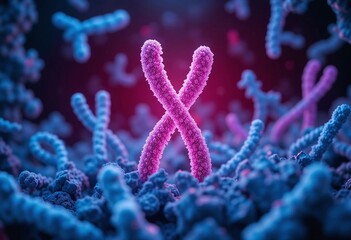 Obraz premium Detailed, colorful representation of chromosomes, focusing on a prominent pink chromosome at the center amid blue ones, ideal for educational purposes.