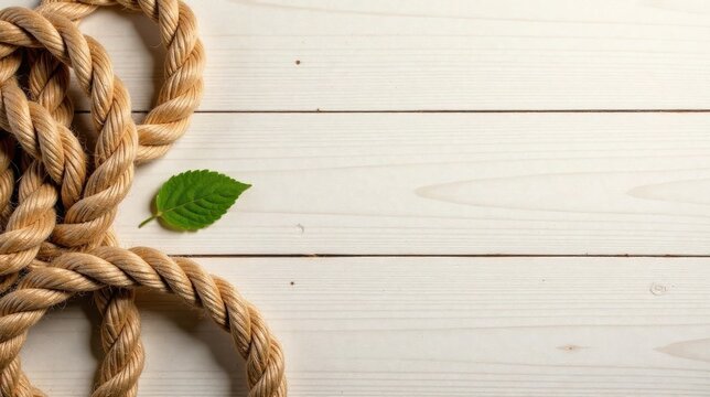 Textured Rope and Green Leaf on White Wooden Planks A Rustic Composition for Your Design Projects