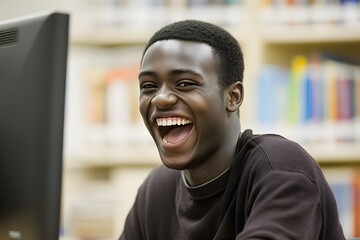 Fototapeta premium Joyful Black Teenager Laughing at Computer in Library