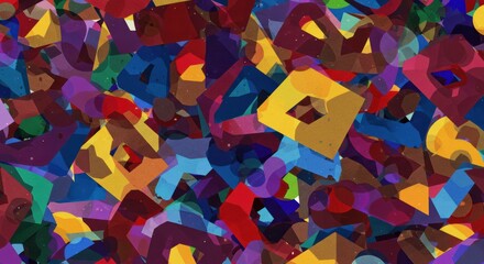 Abstract Alphabet Chaos: A vibrant, chaotic collage of colorful, geometric letters dances across the canvas, creating a mesmerizing visual symphony of abstract art and typographic design.