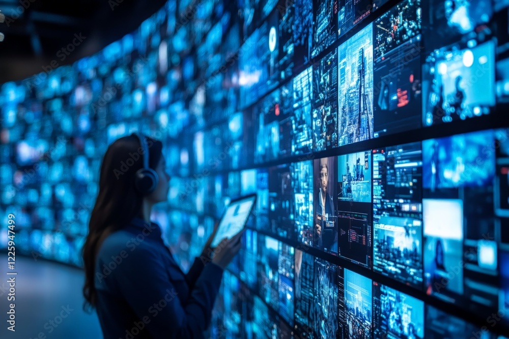 Aufkleber Engaged observer analyzes multiple digital screens displaying various data and images in a futuristic environment
