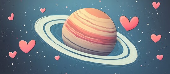 Naklejka premium Cute Planet with Hearts in Space - Valentine's Day Design