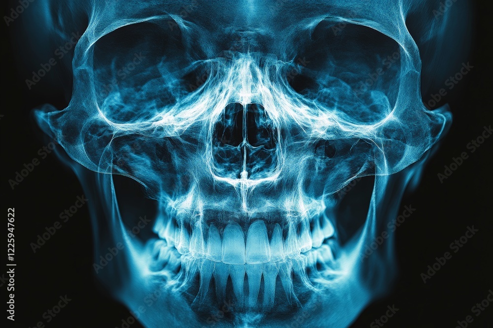 Poster intricate details of a luminous human skull captured in a dark environment showcasing advanced imagi