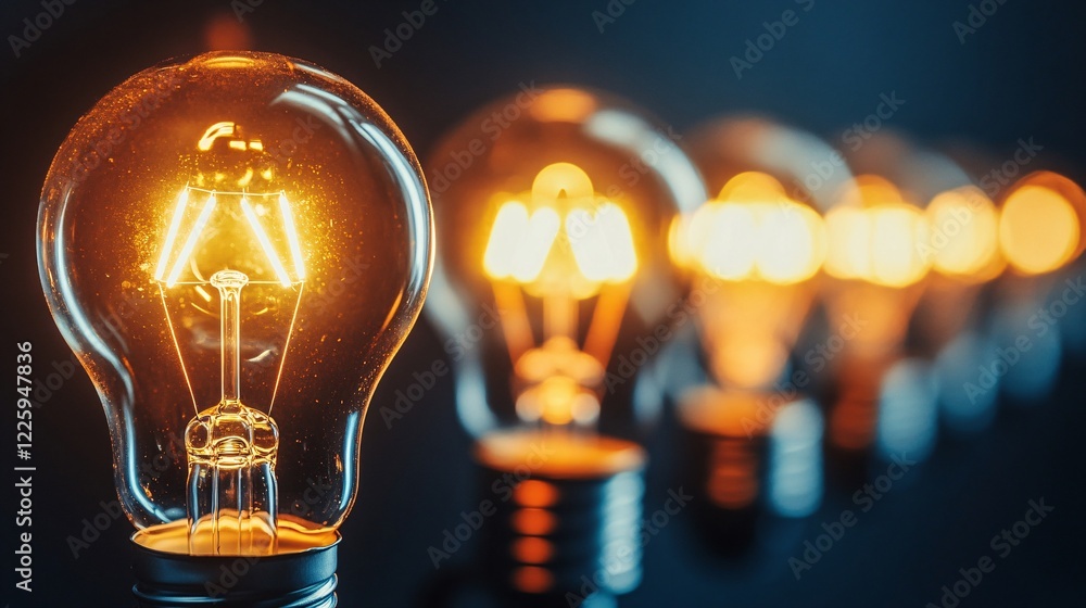 Poster one lit light bulb standing out from a row of dim ones