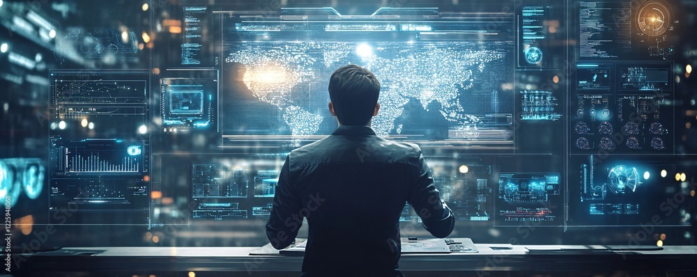 Aufkleber businessman working late analyzing big data on multiple screens