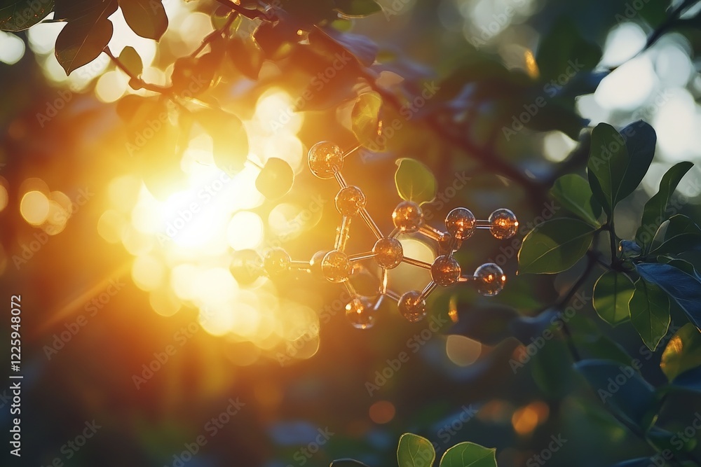 Aufkleber molecular structure illuminated by warm sunlight through leaves during the golden hour in a natural 
