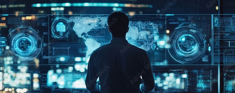 Poster it specialist analyzing big data on transparent digital screens