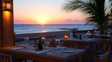Fototapeta premium Romantic Beachfront Dinner at Sunset: A Tropical Paradise