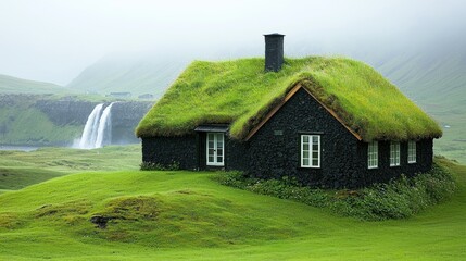 Obraz premium Serene Icelandic Turf House with Waterfall View