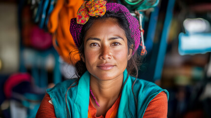 Fototapeta premium Portrait of a Serene Woman in Colorful Headscarf