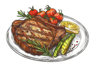 Juicy Grilled Steak Served With Fresh Vegetables and a Slice of Lemon on a White Plate - Vintage Illustration, Isolated on White Transparent Background, PNG