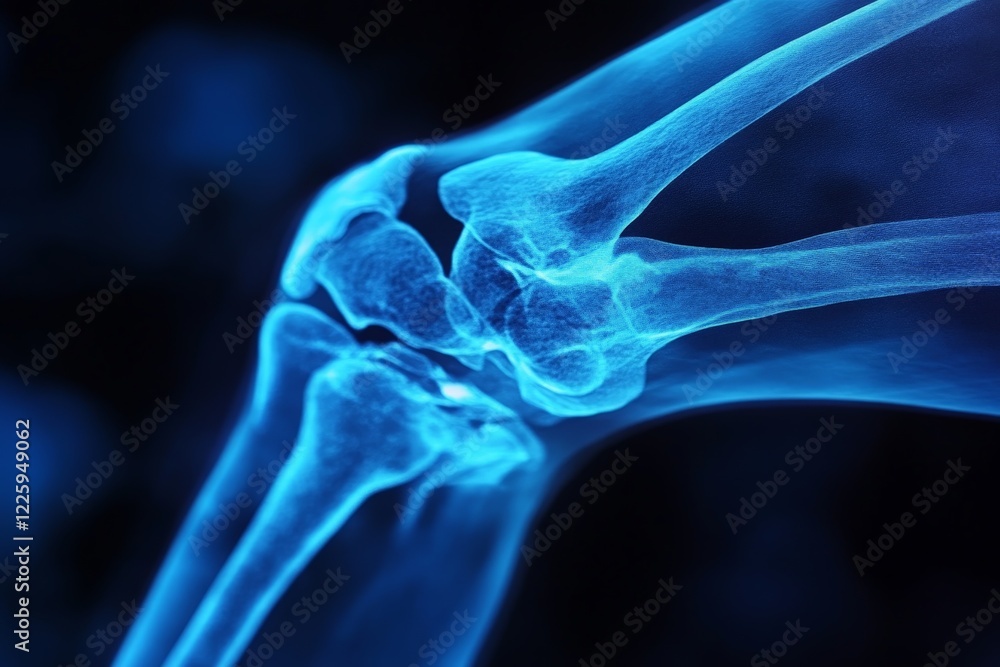 Poster detailed view of a human knee joint in an x-ray image showing bones clearly illuminated in blue tone