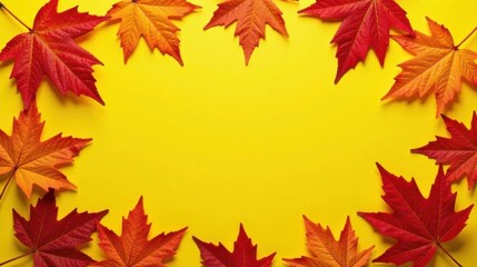 Vibrant Autumn Leaves Frame on Sunny Yellow Background, Perfect for Seasonal Designs and Fall-Themed Projects